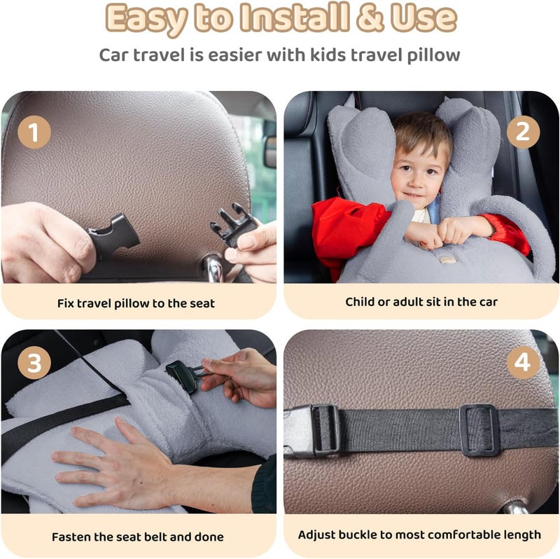 FLORICH Kids Travel Pillow, Car Sleeping Travel Pillow for Kids, Removable H-Shaped Pillow for Adults and Children to Support Head and Body Road Trips with Neck Pillow and Blanket (Grey) - Image 5